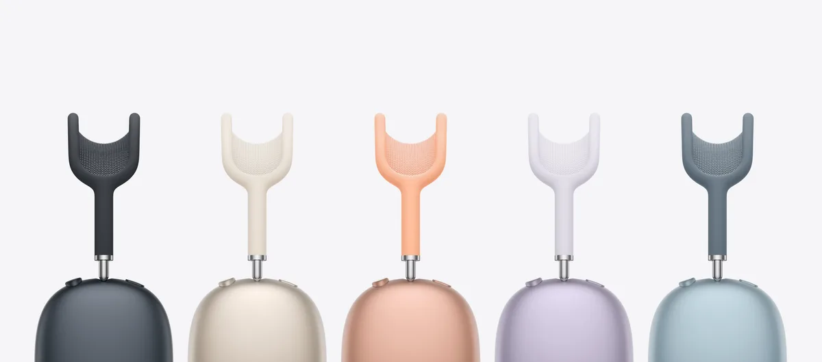 AirPods Max 2 lineup showing all five color options: midnight, starlight, orange, purple, and blue