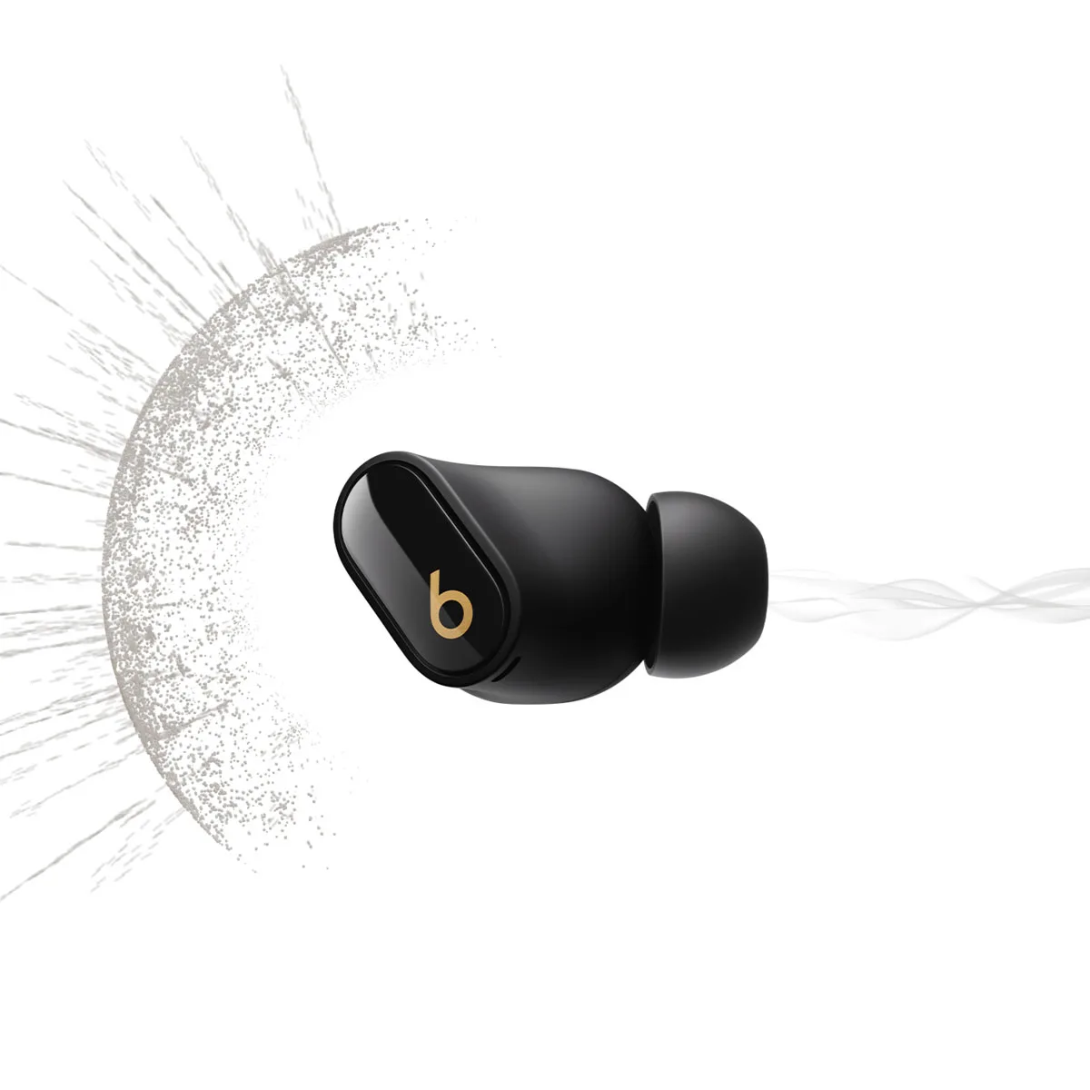 Beats Studio Buds+ single earbud with water splash effect showing IPX4 durability