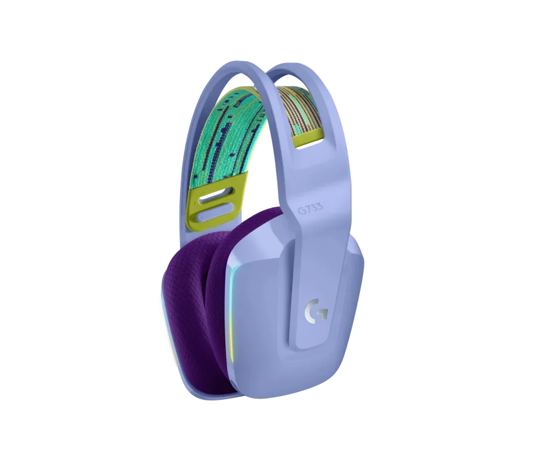 Logitech G733 lilac colorway showing reversible headband and LIGHTSYNC RGB