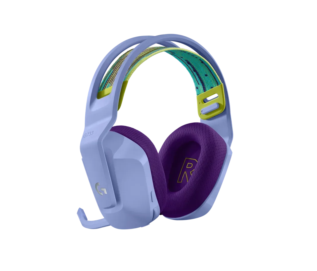 Logitech G733 lilac colorway alternate angle showing earcup and headband