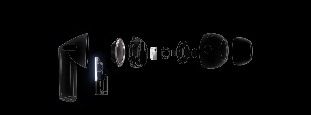 Galaxy Buds3 Pro exploded view showing dual-driver architecture with dedicated woofer and tweeter