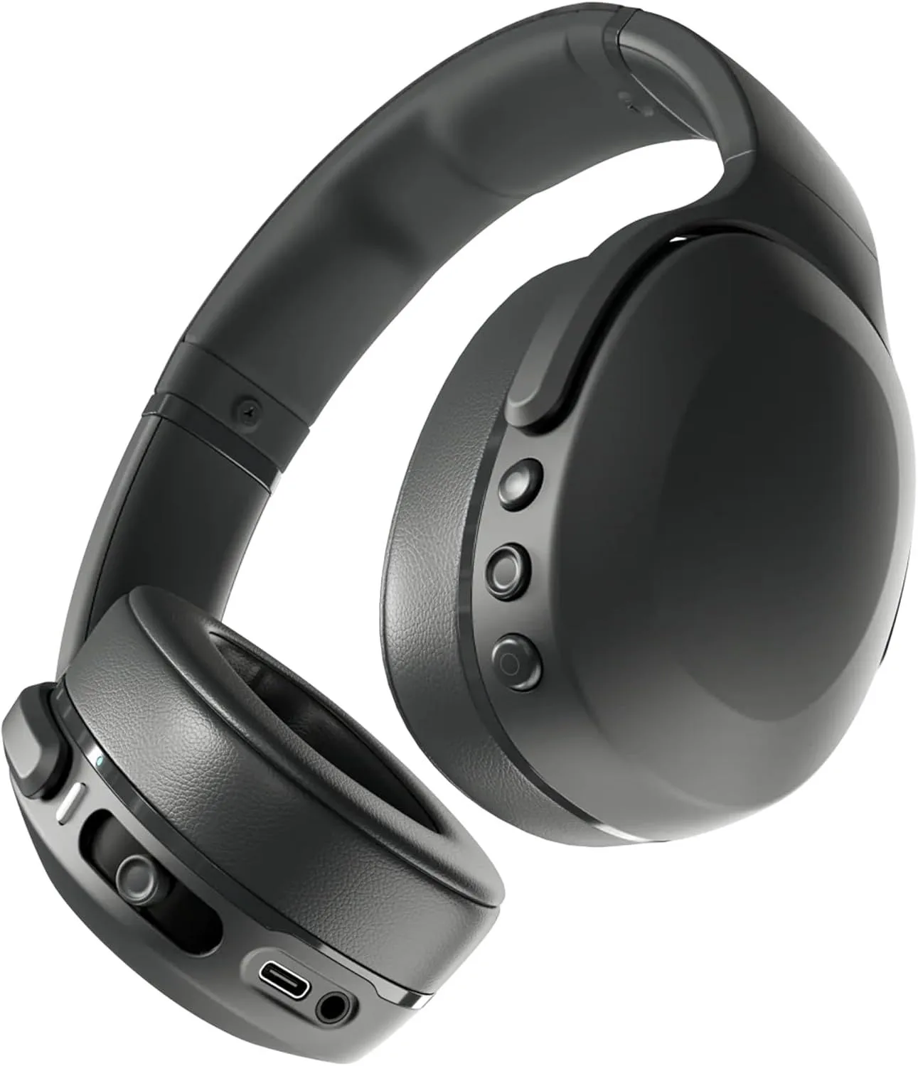 Over-ear wireless headphones with physical haptic bass slider on the left ear cup