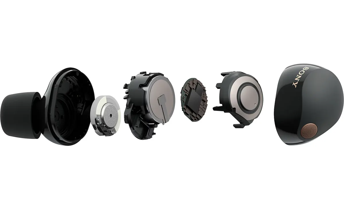 Sony WF-1000XM5 exploded view showing internal driver components and noise-canceling hardware